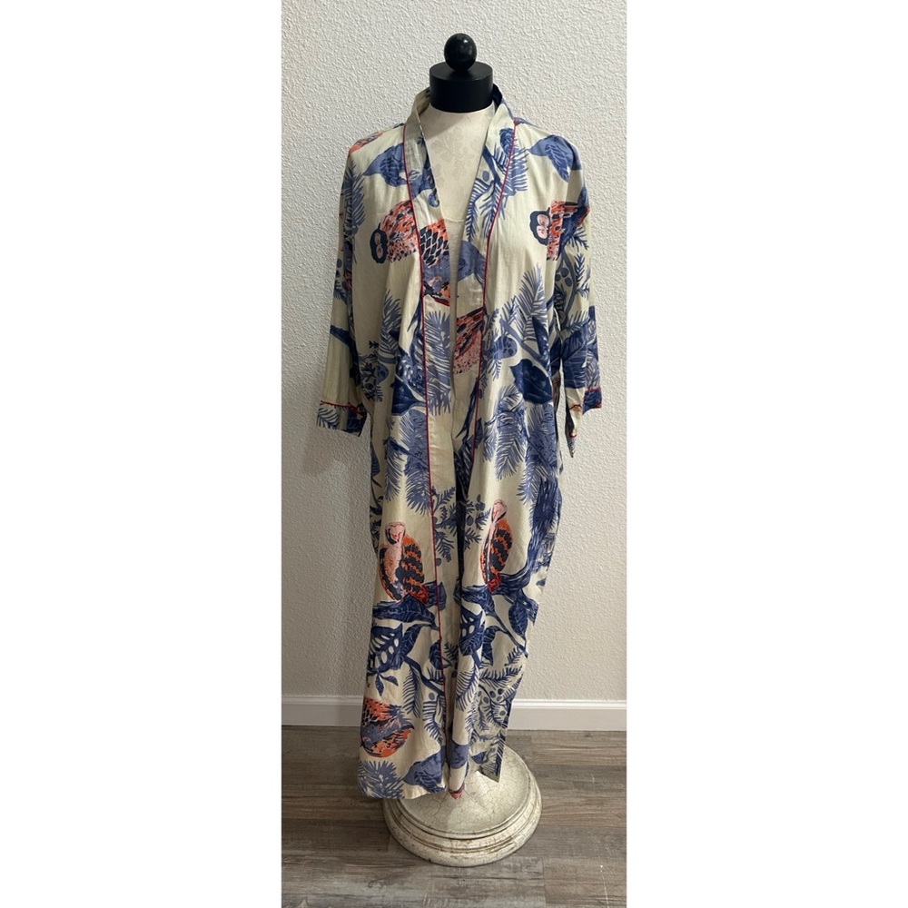Women’s Indian Handmade Blue Owl Print Cotton Kimono One Size Robe Beach Wear